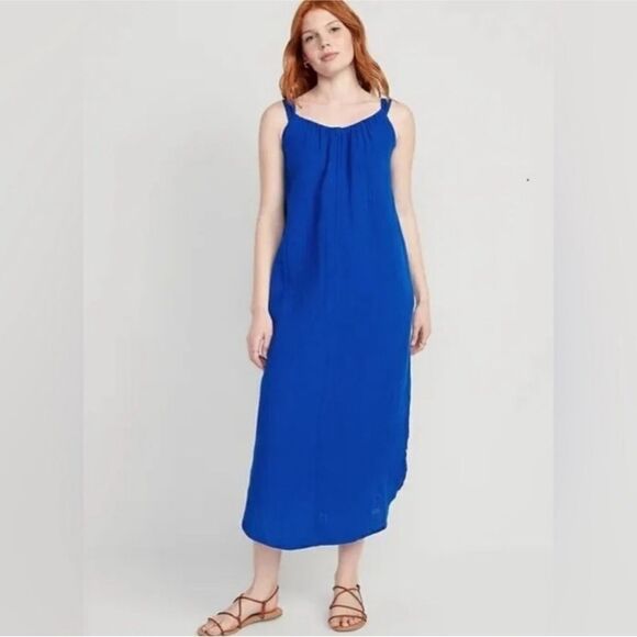 Old Navy Sleeveless Shirred Maxi Dress  Women Tanzanite Blue Cotton NEW Size XS - Picture 1 of 9